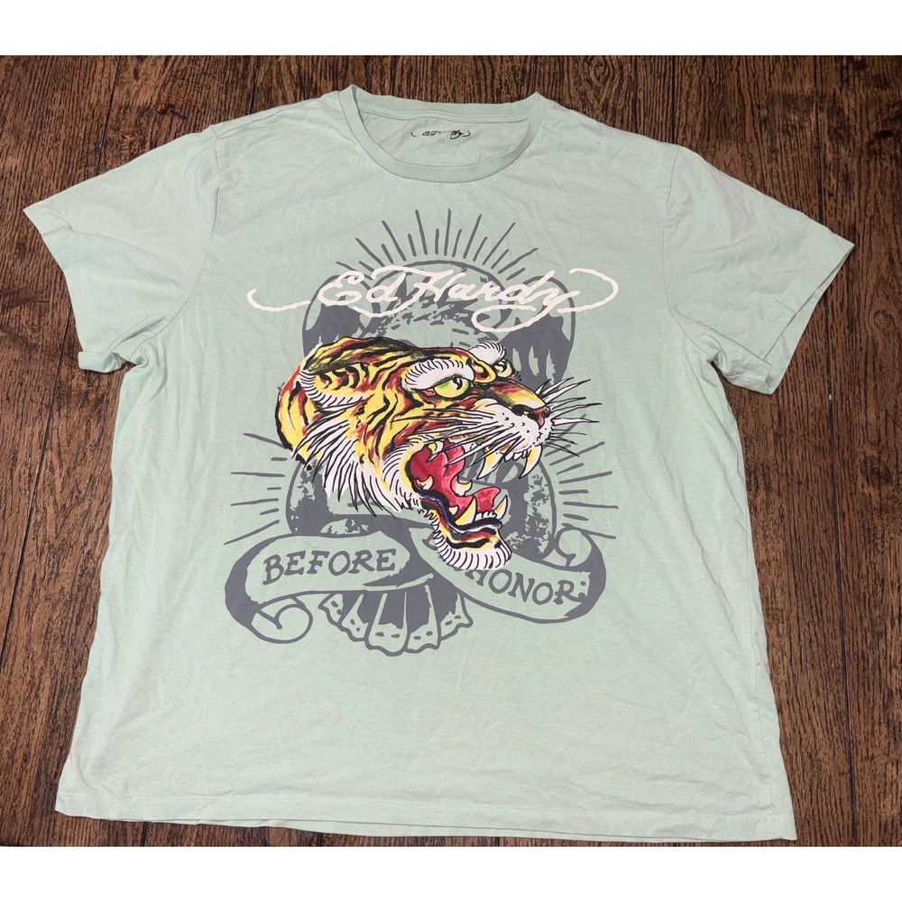 Ed Hardy Shirt Mens XL Green Graphic T Shirt Death Before Dishonor Tiger